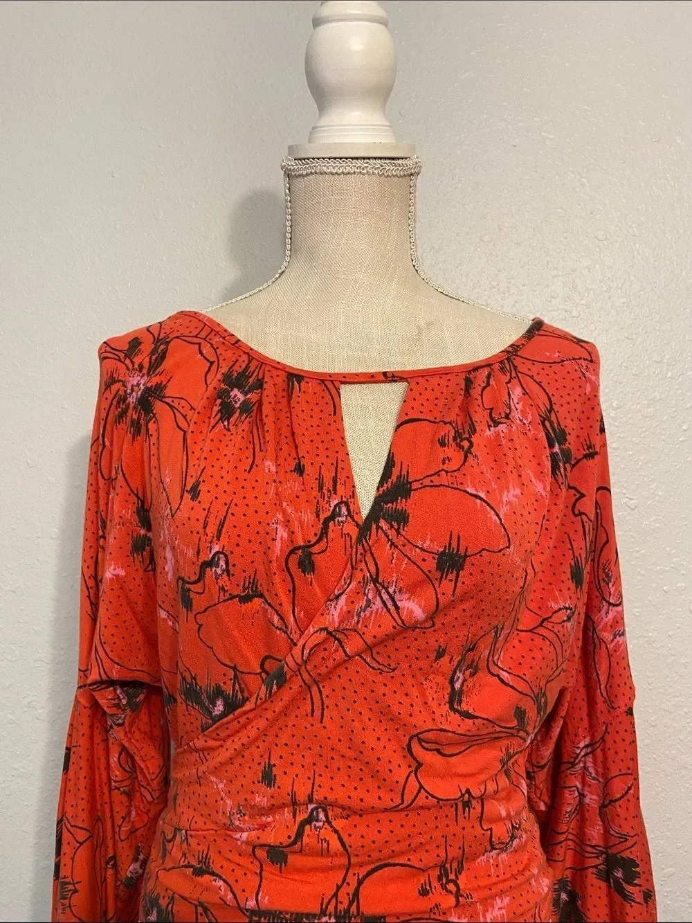 Free People Orange & Black Floral Print Last Time Bell Sleeve Crop Blouse Sz S